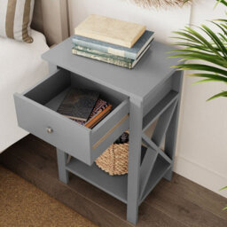 Urbn-Living Urbnliving 60Cm Height 2 Pcs Grey Wooden 1-Drawer Bedside Sofa Side End Table X-Frame Nightstand With Storage Shelf - thumbnail 4