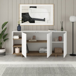 Decortie Sideboard Cabinet 170X80Cm 3-Doors Push-To-Open Storage Console 3 Open Compartments For Living Room White,natural Oak - thumbnail 4