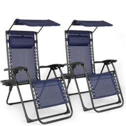 Birchtree 2 X Zero Gravity Reclining Garden Chairs With Canopy Foldable Sun Lounger Blue