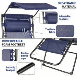 Birchtree 2 X Zero Gravity Reclining Garden Chairs With Canopy Foldable Sun Lounger Blue - thumbnail 3