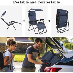 Birchtree 2 X Zero Gravity Reclining Garden Chairs With Canopy Foldable Sun Lounger Blue - thumbnail 2