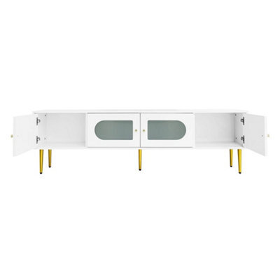White 170Cm Modern Tv Stand 4 Door Storage Cabinet Glass - image 1