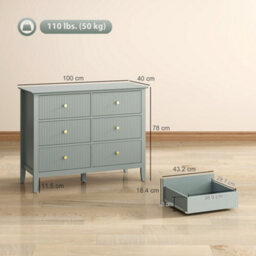 Homcom Fluted Chest Of Drawers 6 Drawer Dresser For Bedroom Hallway Green - thumbnail 3