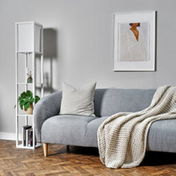 Valuelights Struttura White Shelving Unit Floor Lamp With Fabric Shade And Bulb