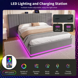 Btm 5Ft King Ottoman Bed With Led, Velvet Hydraulic Storage, Wide Channel Headboard, Usbc Ports, Grey - thumbnail 7