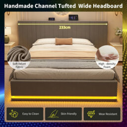 Btm 5Ft King Ottoman Bed With Led, Velvet Hydraulic Storage, Wide Channel Headboard, Usbc Ports, Grey - thumbnail 6