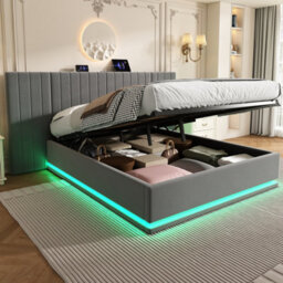 Btm 5Ft King Ottoman Bed With Led, Velvet Hydraulic Storage, Wide Channel Headboard, Usbc Ports, Grey - thumbnail 3