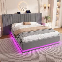 Btm 5Ft King Ottoman Bed With Led, Velvet Hydraulic Storage, Wide Channel Headboard, Usbc Ports, Grey - thumbnail 2