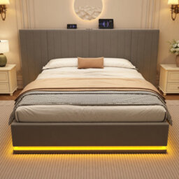 Btm 5Ft King Ottoman Bed With Led, Velvet Hydraulic Storage, Wide Channel Headboard, Usbc Ports, Grey - thumbnail 5