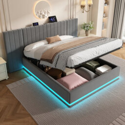 Btm 5Ft King Ottoman Bed With Led, Velvet Hydraulic Storage, Wide Channel Headboard, Usbc Ports, Grey - thumbnail 4