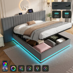 Btm 5Ft King Ottoman Bed With Led, Velvet Hydraulic Storage, Wide Channel Headboard, Usbc Ports, Grey - thumbnail 1