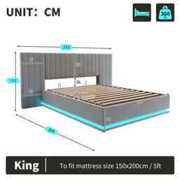 Btm 5Ft King Ottoman Bed With Led, Velvet Hydraulic Storage, Wide Channel Headboard, Usbc Ports, Grey - thumbnail 9