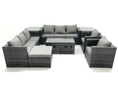 Fimous Rattan Garden Furniture Sofa Set With Coffee Table Armchair 2 Side Tables 3 Footstools Dark Grey Mixed - image 1