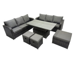 Fimous Rattan Garden Furniture Dining Set 9-Seater Patio Height Adjustable Rising Lifting Table Sofa Set With 3 Footstools - thumbnail 2