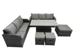 Fimous Rattan Garden Furniture Dining Set 9-Seater Patio Height Adjustable Rising Lifting Table Sofa Set With 3 Footstools - thumbnail 1