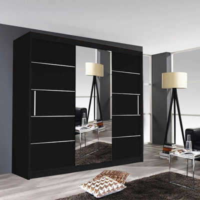 Modern Oslo Mirror Sliding Door Wardrobe With Hanging Rails & Shelves (Black, 250Cm) - image 1