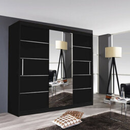 Modern Oslo Mirror Sliding Door Wardrobe With Hanging Rails & Shelves (Black, 250Cm) - thumbnail 1