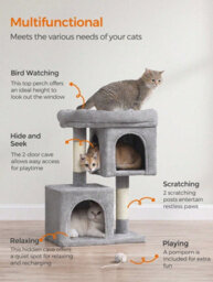 LEDREM Cat Tree, 74 Cm Cat Tower, M, Cat Condo For Medium Cats Up To 5 Kg, Large Cat Perch, 2 Cat Caves, Scratching Post, Light Grey - thumbnail 3