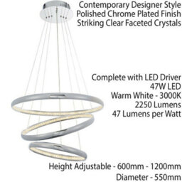 Led Ceiling Pendant Light 47W Warm White Chrome & Crystal 3 Ring/hoop Strip Lamp - thumbnail 2