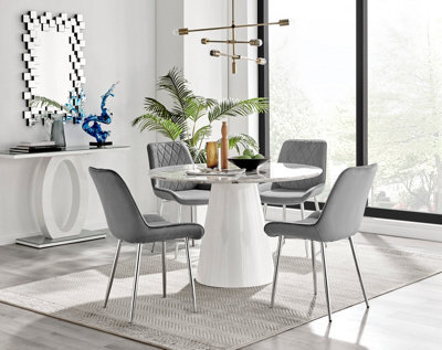Furniturebox Palma White Marble Effect Round 4-6 Seater Pedestal Dining Table & 4 Elephant Grey Velvet Pesaro Silver Leg Chairs - image 1