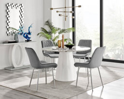 Furniturebox Palma White Marble Effect Round 4-6 Seater Pedestal Dining Table & 4 Elephant Grey Velvet Pesaro Silver Leg Chairs - thumbnail 1