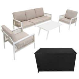 MonsterShop Garden Furniture Set 4Pc White Aluminium With Rattan Storage Box Black Outdoor 3 Seat Sofa 2 Armchairs Coffee Table Cushions - thumbnail 1