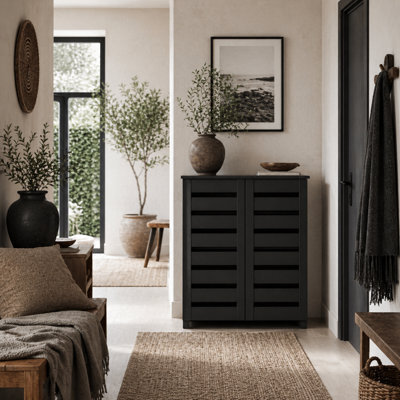 Wyld Haus Kamoza Slim Black Wood-Effect Shoe Cabinet 5-Tier Slatted Doors 15-Pair Capacity - image 1