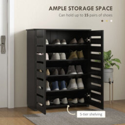 Wyld Haus Kamoza Slim Black Wood-Effect Shoe Cabinet 5-Tier Slatted Doors 15-Pair Capacity - thumbnail 4