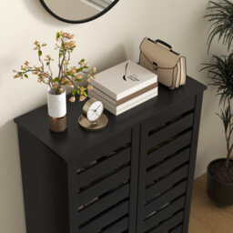 Wyld Haus Kamoza Slim Black Wood-Effect Shoe Cabinet 5-Tier Slatted Doors 15-Pair Capacity - thumbnail 8