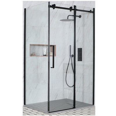 Homestylestore Black Reversible Corner Frameless Sliding Door Shower Enclosure With Light Grey Slate Effect Tray 1400 X 800mm - image 1