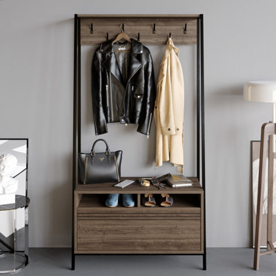Decorotika Devin Hall Tree Coat Stand Coat Rack With 7 Metal Hooks Walnut & Black - image 1