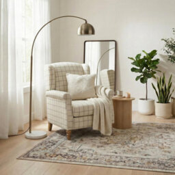 Furniturebox Uk Maisette Cream Check Fabric Wingback Accent Armchair