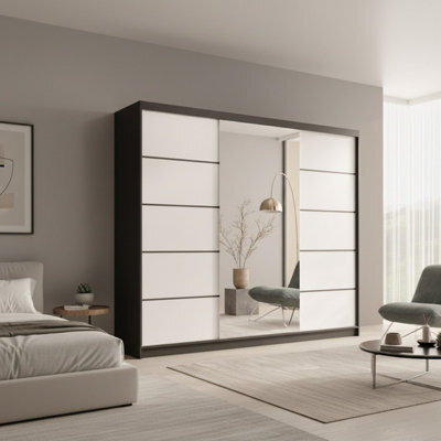 Etna 250 Large Sliding Door Wardrobe With Mirror For Contemporary Homes Black+White - image 1