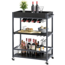 Huhote Three Tier Black Rolling Bar Cart With Wine Rack Handle And Wheels Serving Cart Kitchen Storage Carts For Home Outdoor - thumbnail 8
