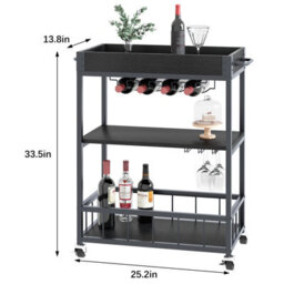 Huhote Three Tier Black Rolling Bar Cart With Wine Rack Handle And Wheels Serving Cart Kitchen Storage Carts For Home Outdoor - thumbnail 9