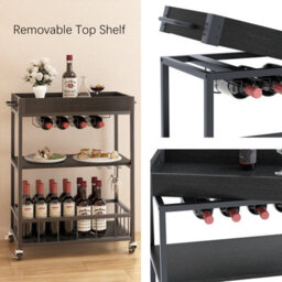 Huhote Three Tier Black Rolling Bar Cart With Wine Rack Handle And Wheels Serving Cart Kitchen Storage Carts For Home Outdoor - thumbnail 2