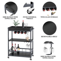Huhote Three Tier Black Rolling Bar Cart With Wine Rack Handle And Wheels Serving Cart Kitchen Storage Carts For Home Outdoor - thumbnail 3