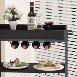 Huhote Three Tier Black Rolling Bar Cart With Wine Rack Handle And Wheels Serving Cart Kitchen Storage Carts For Home Outdoor - thumbnail 7