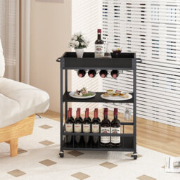 Huhote Three Tier Black Rolling Bar Cart With Wine Rack Handle And Wheels Serving Cart Kitchen Storage Carts For Home Outdoor