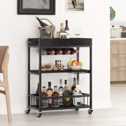 Huhote Three Tier Black Rolling Bar Cart With Wine Rack Handle And Wheels Serving Cart Kitchen Storage Carts For Home Outdoor - thumbnail 4
