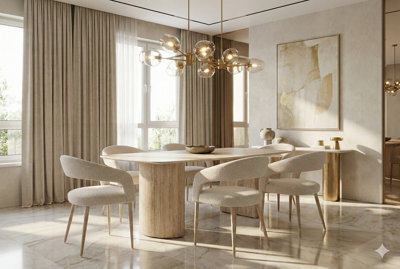 Stratus Interiors Olympia Travertine Effect Beige Dining Table - Cream Stone Effect Table With Fluted Pedestal Base, Modern Dining Room Furniture - image 1
