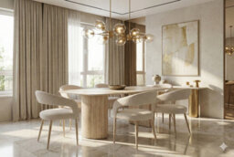Stratus Interiors Olympia Travertine Effect Beige Dining Table - Cream Stone Effect Table With Fluted Pedestal Base, Modern Dining Room Furniture