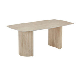 Stratus Interiors Olympia Travertine Effect Beige Dining Table - Cream Stone Effect Table With Fluted Pedestal Base, Modern Dining Room Furniture - thumbnail 2
