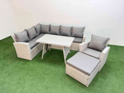 Fimous Garden Outdoor Rattan Furniture Set Rattan Corner Sofa Oblong Dining Table With Armchair Big Footstool 8 Seater - thumbnail 2