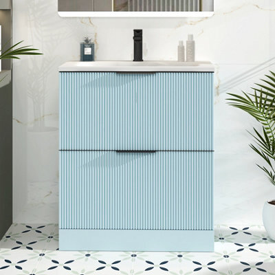 Royal Bathrooms Evora 700mm Powder Blue Fluted Floor Standing Bathroom Vanity Unit 2 Drawer Cabinet Storage With Stone Basin & Matt Black Handles - image 1