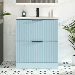 Royal Bathrooms Evora 700mm Powder Blue Fluted Floor Standing Bathroom Vanity Unit 2 Drawer Cabinet Storage With Stone Basin & Matt Black Handles