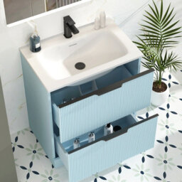 Royal Bathrooms Evora 700mm Powder Blue Fluted Floor Standing Bathroom Vanity Unit 2 Drawer Cabinet Storage With Stone Basin & Matt Black Handles - thumbnail 3