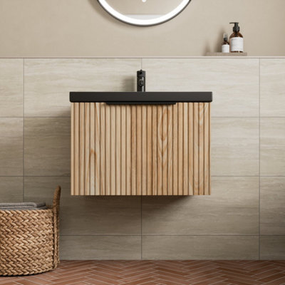 Affine 600mm Fluted Wall Hung Bathroom Vanity Unit Wood Black Ceramic Basin Soft Close - image 1