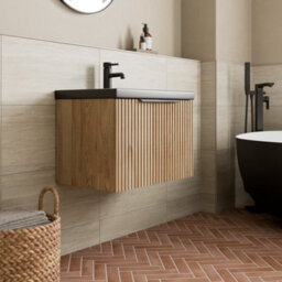 Affine 600mm Fluted Wall Hung Bathroom Vanity Unit Wood Black Ceramic Basin Soft Close - thumbnail 2