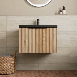 Affine 600mm Fluted Wall Hung Bathroom Vanity Unit Wood Black Ceramic Basin Soft Close - thumbnail 1